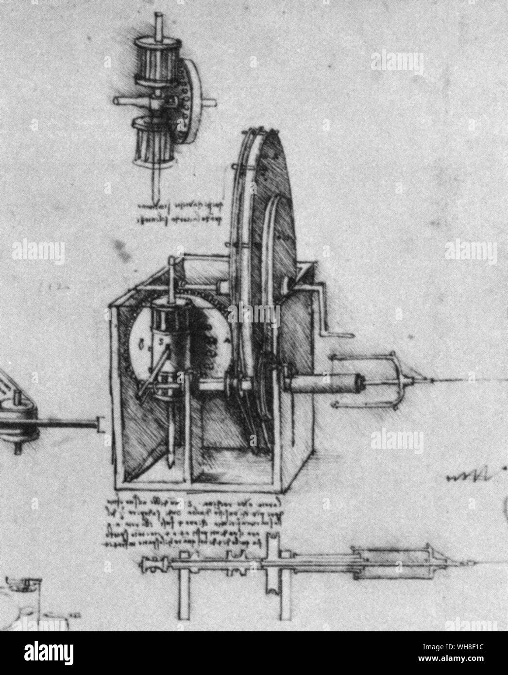 Ein Flyer der Spindel in der Mitte - Vordergrund von Leonardos Zeichnung. Leonardo da Vinci (1452-1519) war ein italienischer Renaissance Architekt, Musiker, Anatom, Erfinder, Ingenieur, Bildhauer, Geometer und Maler. . . Stockfoto