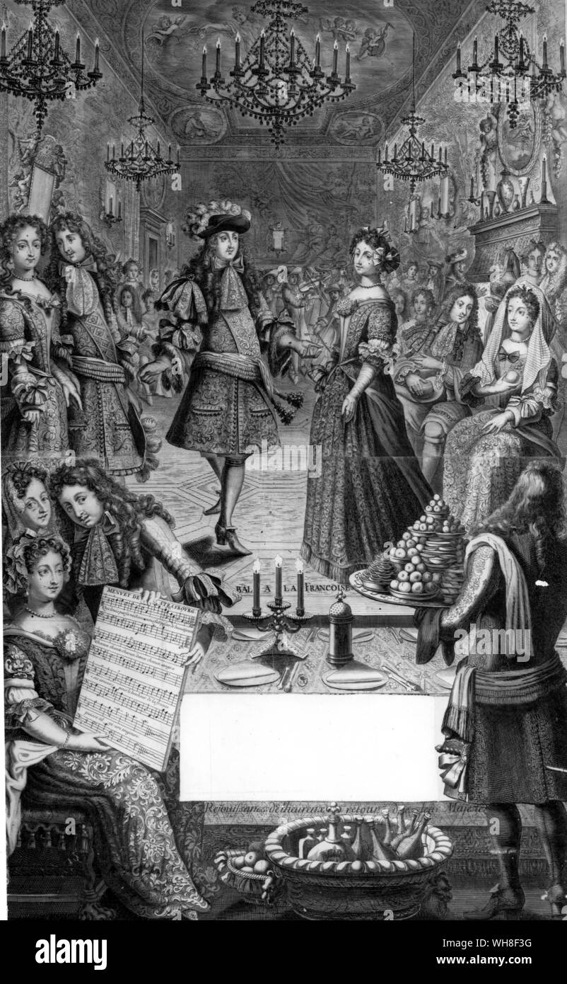 König Ludwig XIV. von Frankreich, der Sonnenkönig, (1638-1715), regierte 1643-1715. Bal a la Francoise, Französisch Ball. . . Stockfoto