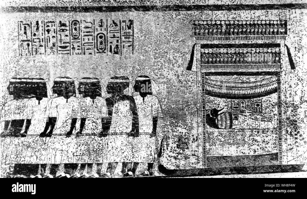 Adelige des Reiches Zeichnung der königlichen Katafalk: Gemälde aus dem Grab von Tutanchamun. Von Christiane Desroches Noblecourt, Seite 238 Tutanchamun. Stockfoto