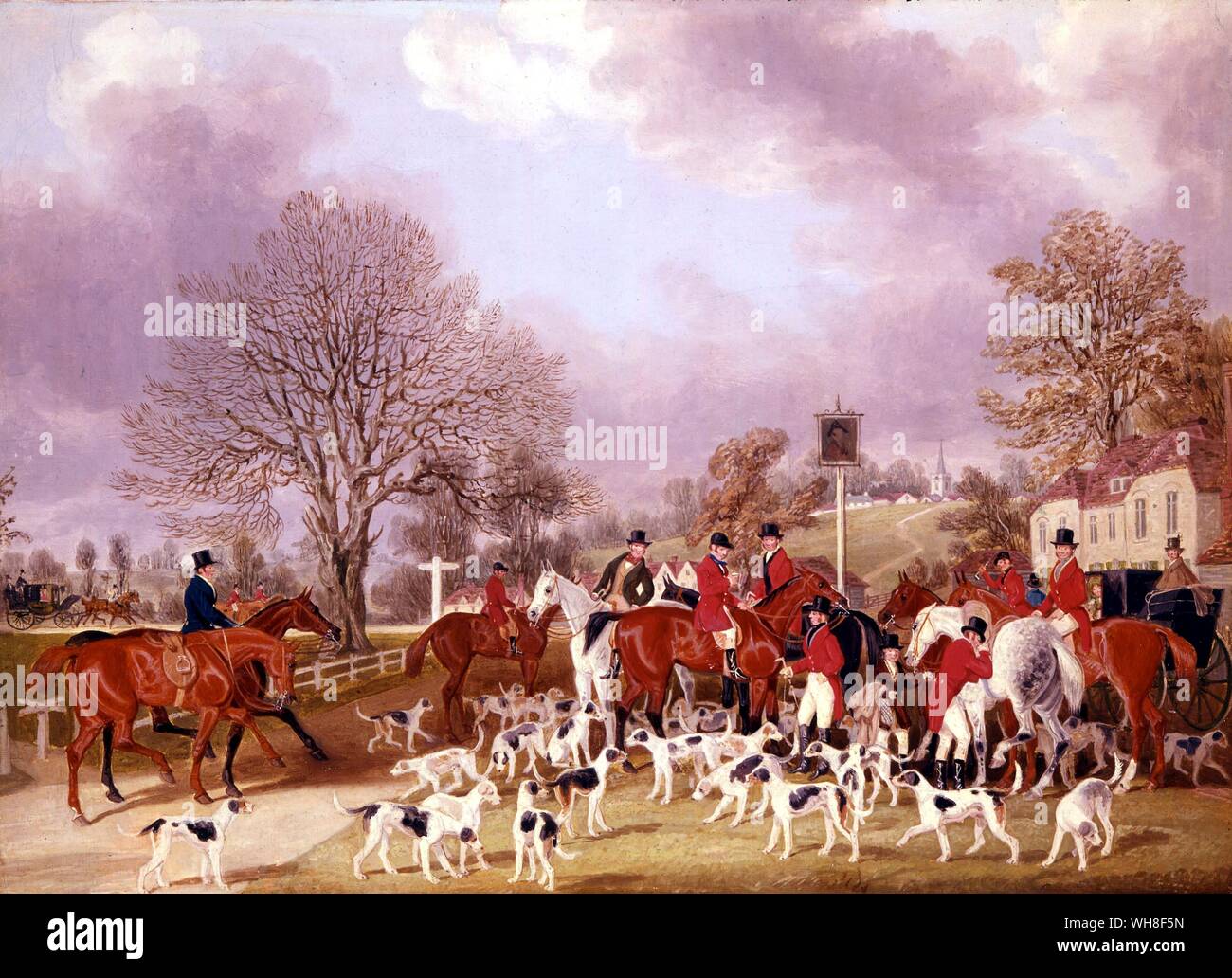 Fox-Hunter's Treffen. Hertfordshire Jagd 1839. James Pollard (britische Maler, 1792-1867). Die Geschichte der Foxhunting von Roger Longrigg. Stockfoto