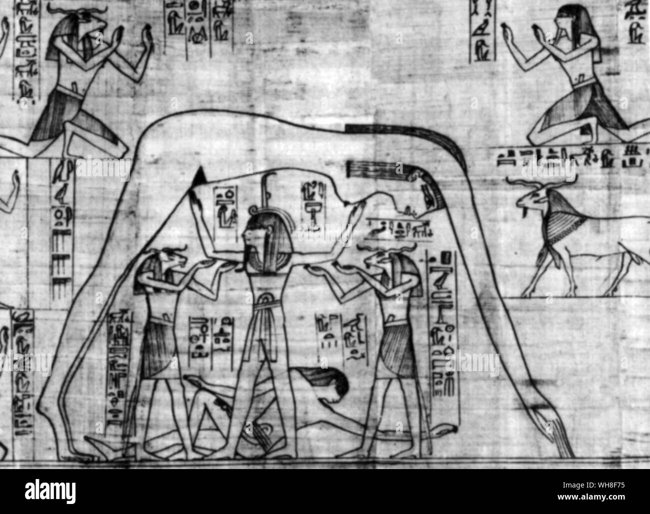 Göttin Nut, die Ägyptische Himmelsgöttin, unterstützt durch die Luft Gott Shu. In der Ennead Mythologie, Nuit (alternativ Dinkel Mutter) war die Himmelsgöttin, im Gegensatz zu den meisten anderen Mythologien, die haben in der Regel einen Himmel Vater. Nuit ist eine Tochter von Shu, der Gott der Luft und Tefnut, Göttin der Feuchtigkeit. Stockfoto