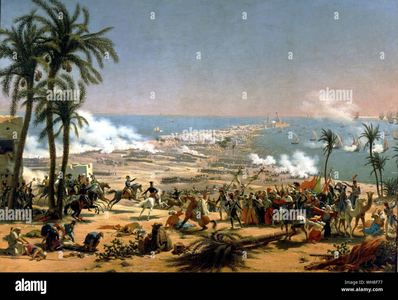 Schlacht von Aboukir, 1798, durch L F Lejeune. Der Blaue Nil von Alan Moorhead Seite 158-9.. Der Kampf des Nils, in Frankreich als die Schlacht von aboukir Bay bekannt, war ein wichtiger Seeschlacht der französischen revolutionären Kriege zwischen einer britischen Flotte unter dem Kommando von konteradmiral Horatio Nelson und eine französische Flotte unter Vizeadmiral François-Paul Brueys D'Aigalliers. Französischen Verluste waren so hoch wie 1.700 Toten (einschließlich Brueys) und 3.000 erfasst. Britische Verluste waren 218 tot.. . Stockfoto