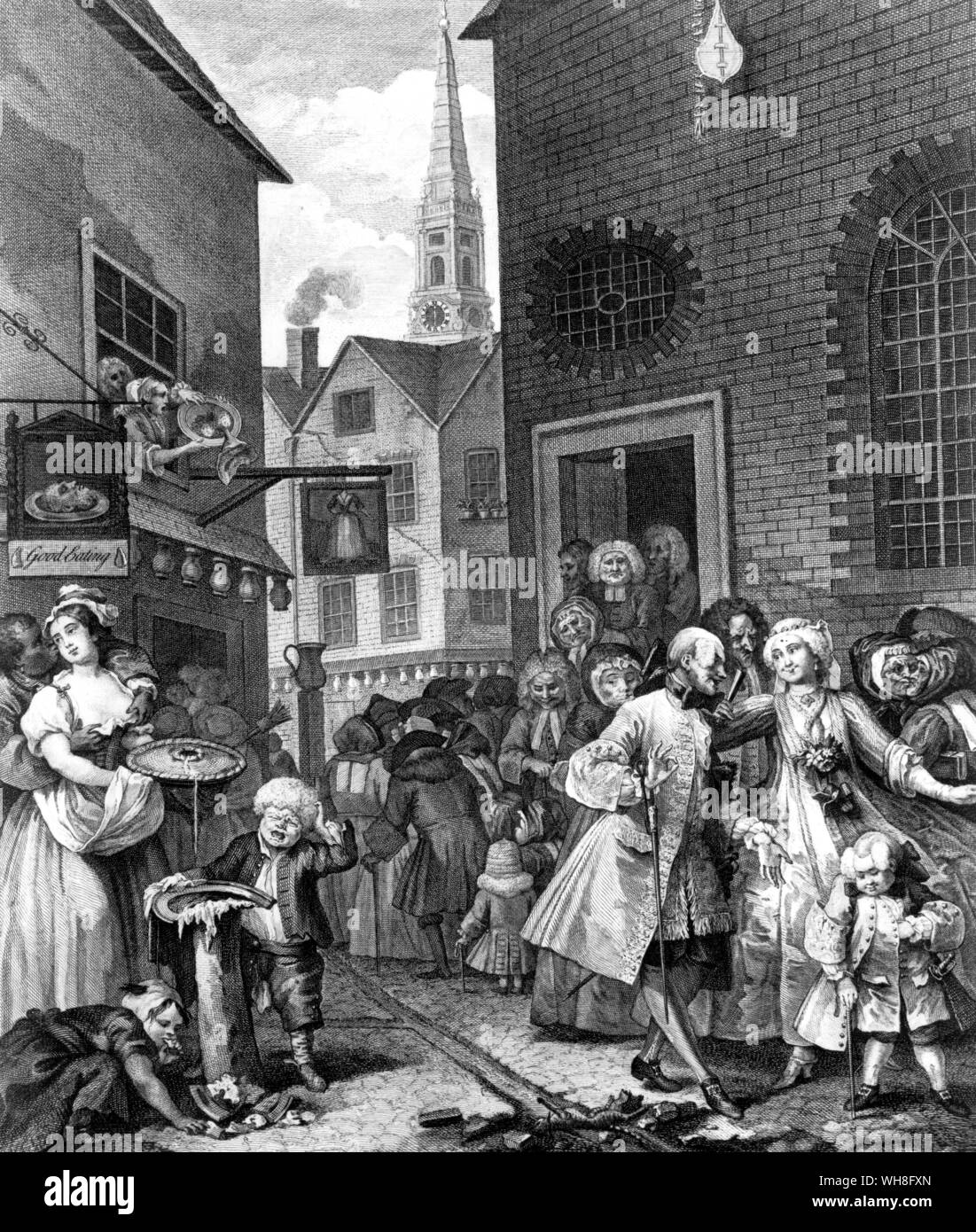 Die vier Zeiten des Tages (1738) von William Hogarth (1697-1764), britischer Maler und Grafiker. Szenen des moralischen Verfalls von "12.00 Uhr" aus dem "Die vier Tageszeiten" (1738) Serien von William Hogarth. Beatrix Potter basiert das vordere Stück TheTailor von Gloucester auf Hogarth's Mittag.. . Stockfoto