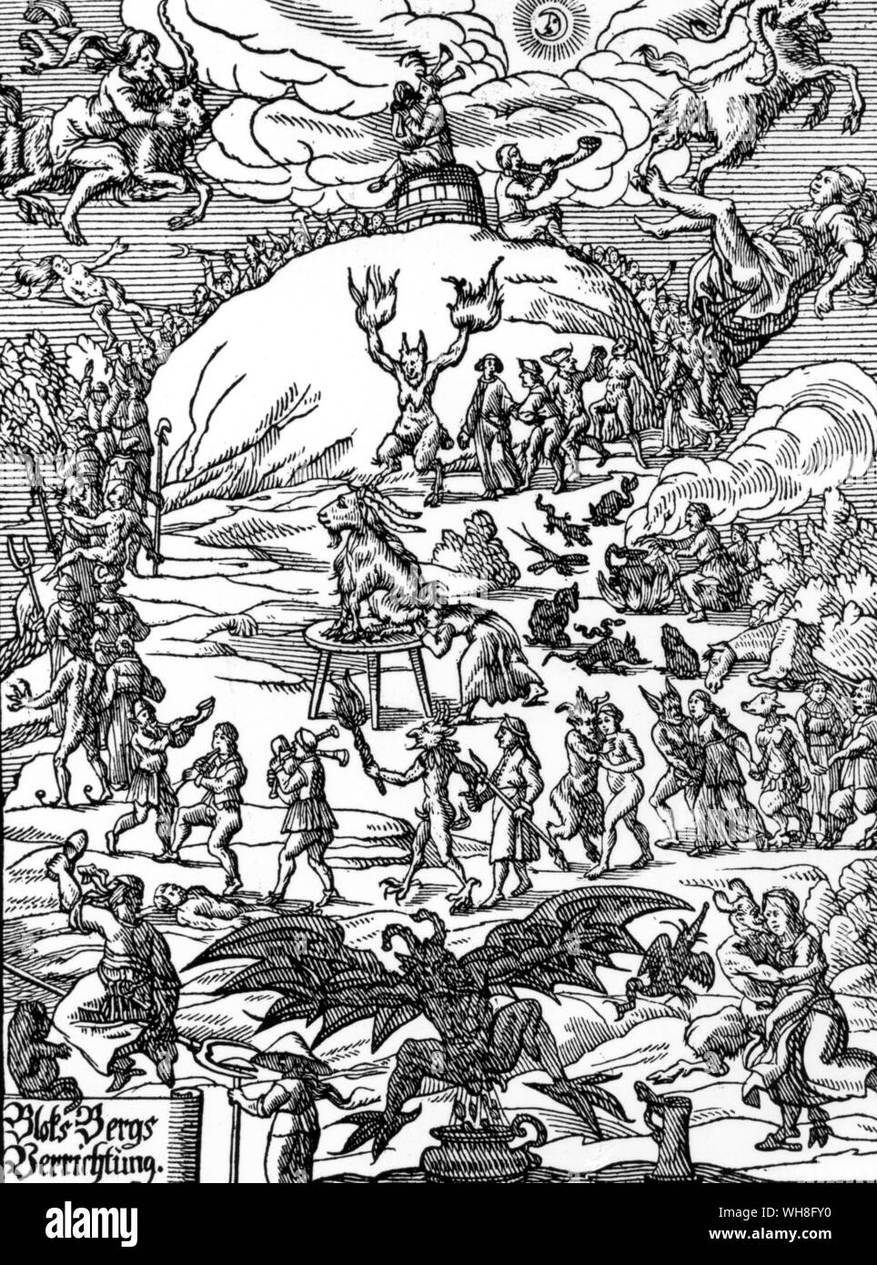Walpurgisnacht auf dem Bloacksberg 1669. In Deutschland, Walpurgisnacht, in der Nacht von 30. April bis 1. Mai ist die Nacht, in der angeblich die Hexen eine große Feier auf dem Blocksberg halten und erwarten die Ankunft des Frühlings. Die Walpurgisnacht ist ein Feiertag gefeiert wird am 30. April bzw. 1. Mai, in Finnland, Schweden, Estland, Lettland und Deutschland. Das Festival ist benannt nach der Heiligen Walburga. In Wessex in 710 geboren, St. Walburga war eine Nichte des Hl. Bonifatius und der Legende nach, eine Tochter der Sächsischen Prinzen Saint Richard. Auf Flügeln des Gesangs von Wilfred stumpfen Seite 77. Stockfoto