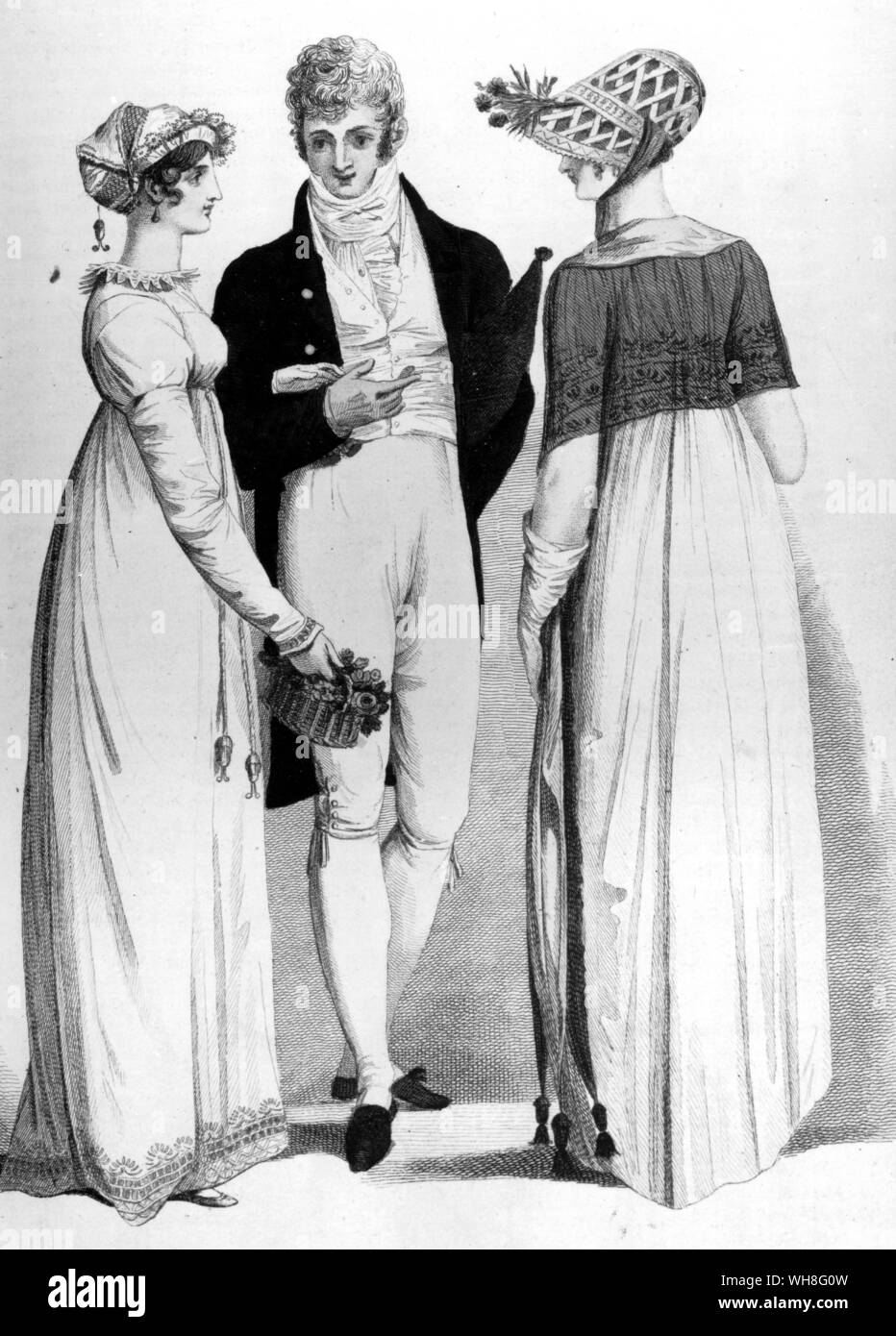 Abendkleid des achtzehnten Jahrhunderts. Jane Austen (1775-1817) eine wichtige englische Schriftsteller. Ein Porträt von Jane Austen von David Cecil. Stockfoto