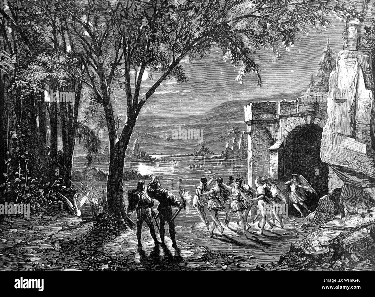 Eine Zeichnung der ersten Performance von Schwanensee, Ballett von Tschaikowski. Pjotr Iljitsch Tschaikowski (1840-1893) war ein russischer Komponist der Romantik. Von John Warrack, Seite 95 Tschaikowsky. Stockfoto