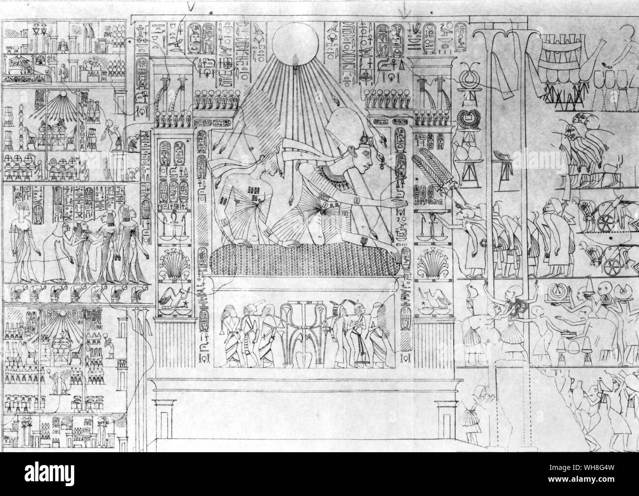 Echnaton und Nofretete am großen Fenster ihres Palastes. Auf der linken Seite befinden sich die königliche Prinzessinnen und einen Plan des Palastes (Grab des Pernefer). Nofretete war die Frau des ägyptischen Pharao Amenophis IV (echnaton) und Schwiegermutter des Pharao Tutanchamun. Von Christiane Desroches Noblecourt, Seite 144 Tutanchamun. Stockfoto