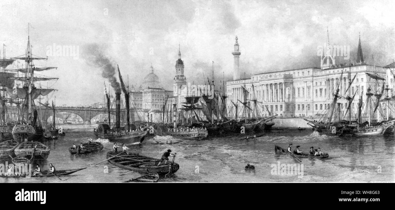 Den geschäftigen Hafen von London und Custom House, 1839. Stockfoto