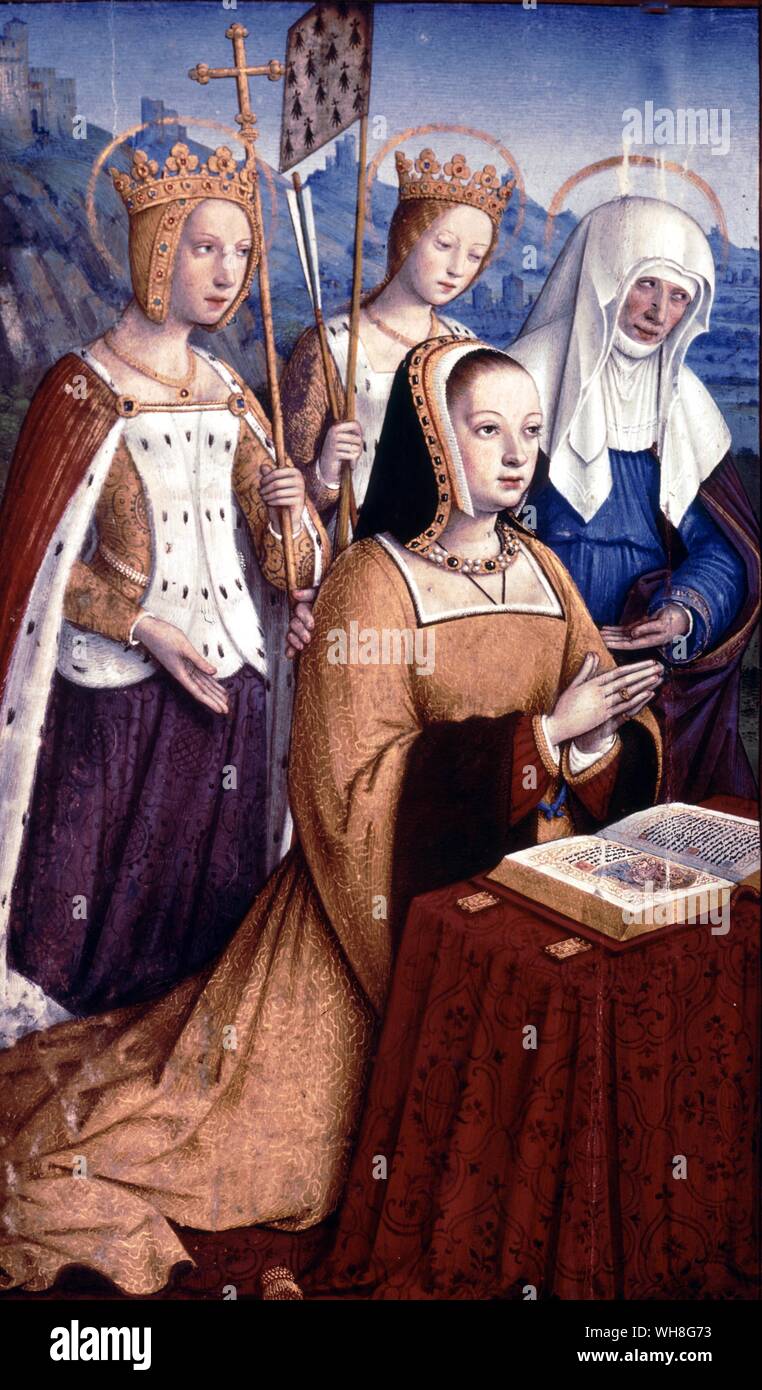 Anna Beten von Jean Bourdichon (1457-1521). Buch der Stunden von Anne de Bretagne, Seite 297. Anna von der Bretagne (1477-1514) war auch als Anna von der Bretagne und Anne de Bretagne bekannt. In Nantes, Frankreich geboren und war die Tochter von Franz II., Herzog von Bretagne und Margaret von Foix. Stockfoto