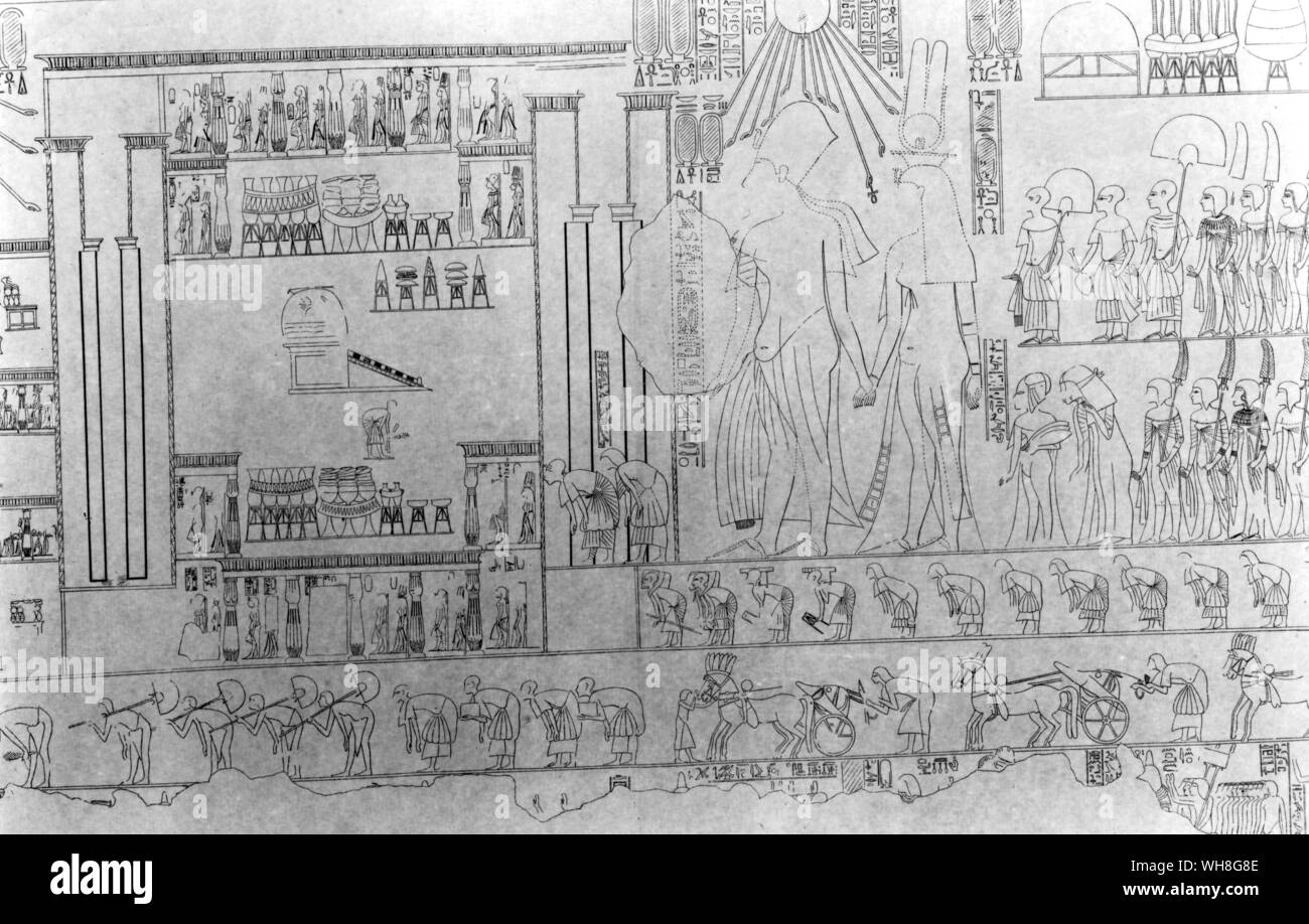 Echnaton führenden Königin Teje in die Tempel namens Schatten des Re, die er zu ihr (Amarnan Grab von Huya) gewidmet hatte. Von Christiane Desroches Noblecourt, Seite 156 Tutanchamun.. . Stockfoto