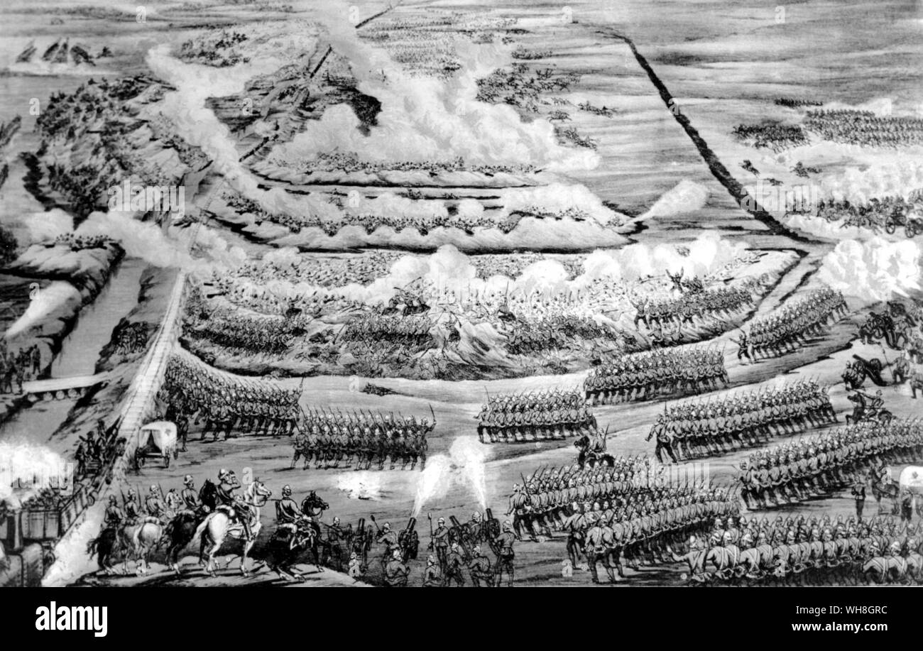 Vögel Auge Ansicht der Schlacht von Tel-el-Kebir, 13. September 1882, in die entscheidende Schlacht des Urabi Revolte. Um ca. 5.00 Uhr die Highland Brigade näherte sich der Ägyptischen Stellungen und es wurde eine Flamme des Maschinengewehrs. Die britische Armee hatte, näherte sich die Linien bei Tel-el-Kebir in versetzter Anordnung und so in Wellen von links nach rechts angegriffen. Der Kampf war intensiv, aber nach etwas mehr als einer Stunde und die Ägypter flohen.. . . . Stockfoto