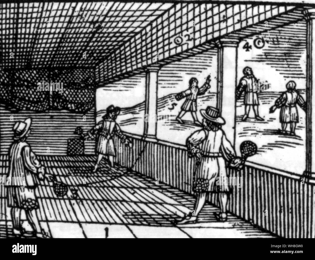 Zwei Spiele im Jahr 1658. Die Enzyklopädie von Tennis Seite 15. Stockfoto