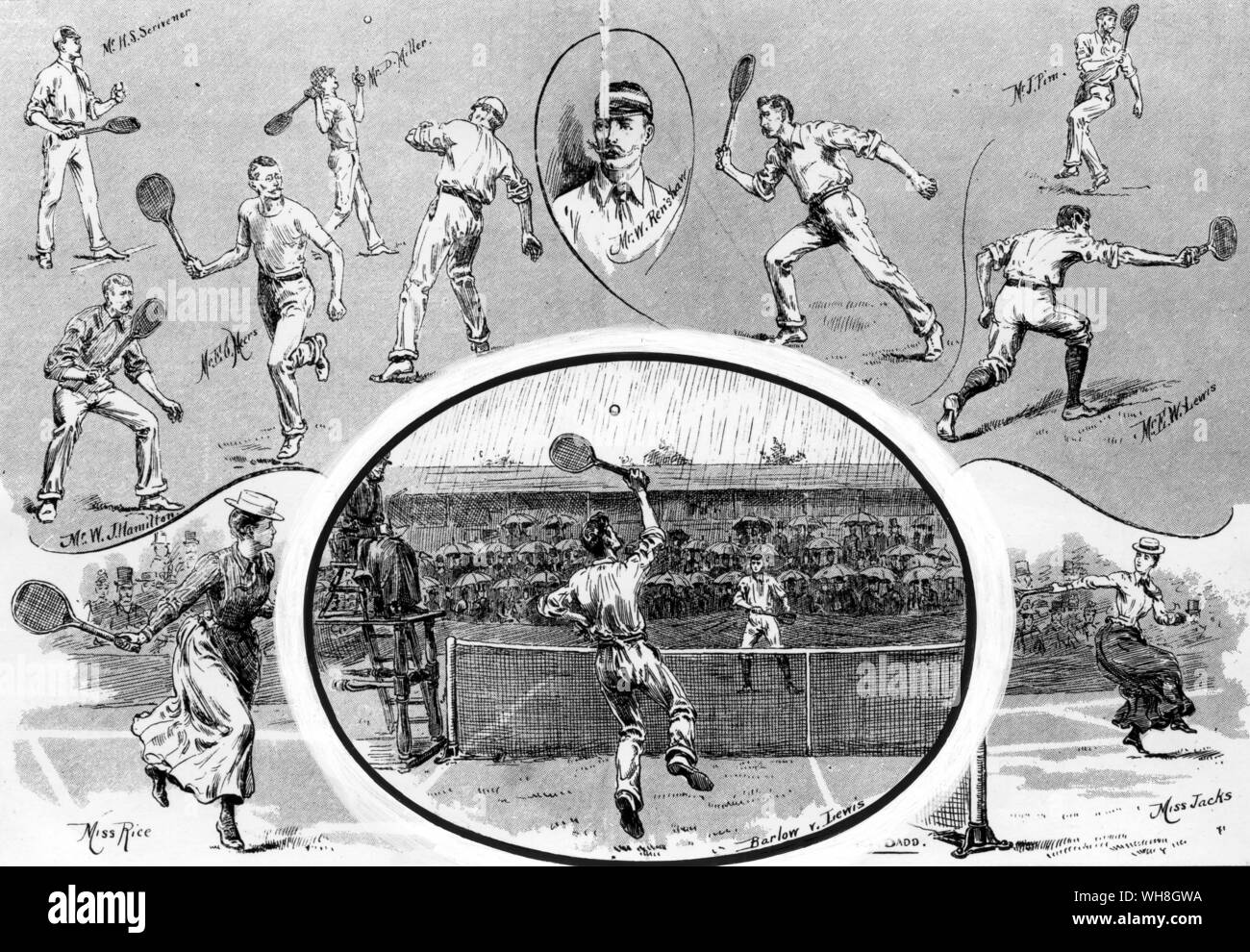 Lawn Tennis Championships in Wimbledon. Das halbfinale zwischen H S Barlow und E W Lewis im Juli 1890. Die Enzyklopädie von Tennis Seite 89. Stockfoto