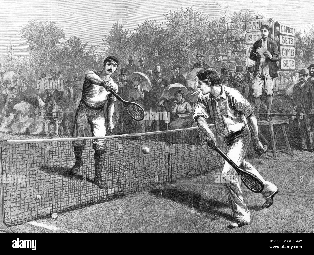 Die fünfte Runde des alle Ankömmlinge Match in Wimbledon 1881. W Renshaw beat Lawford beachten Sie die Abacus Anzeiger die Enzyklopädie von Tennis Seite 25. Stockfoto
