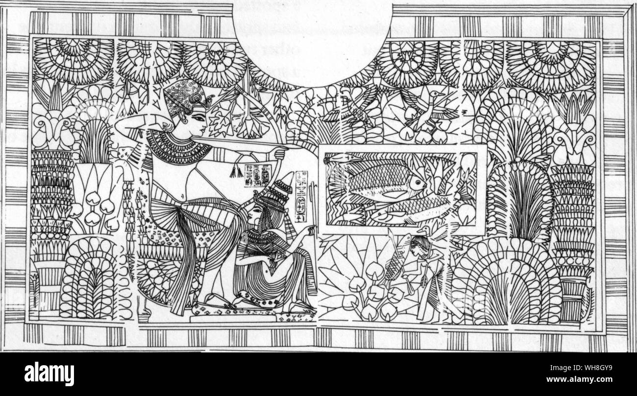 Abbildung: Carven auf der verzierte Truhe, das Grab von Tutanchamun gefunden. Die Schätze von Tutanchamun, der Katalog zur Ausstellung von I E S Edwards, Seite 103. Stockfoto