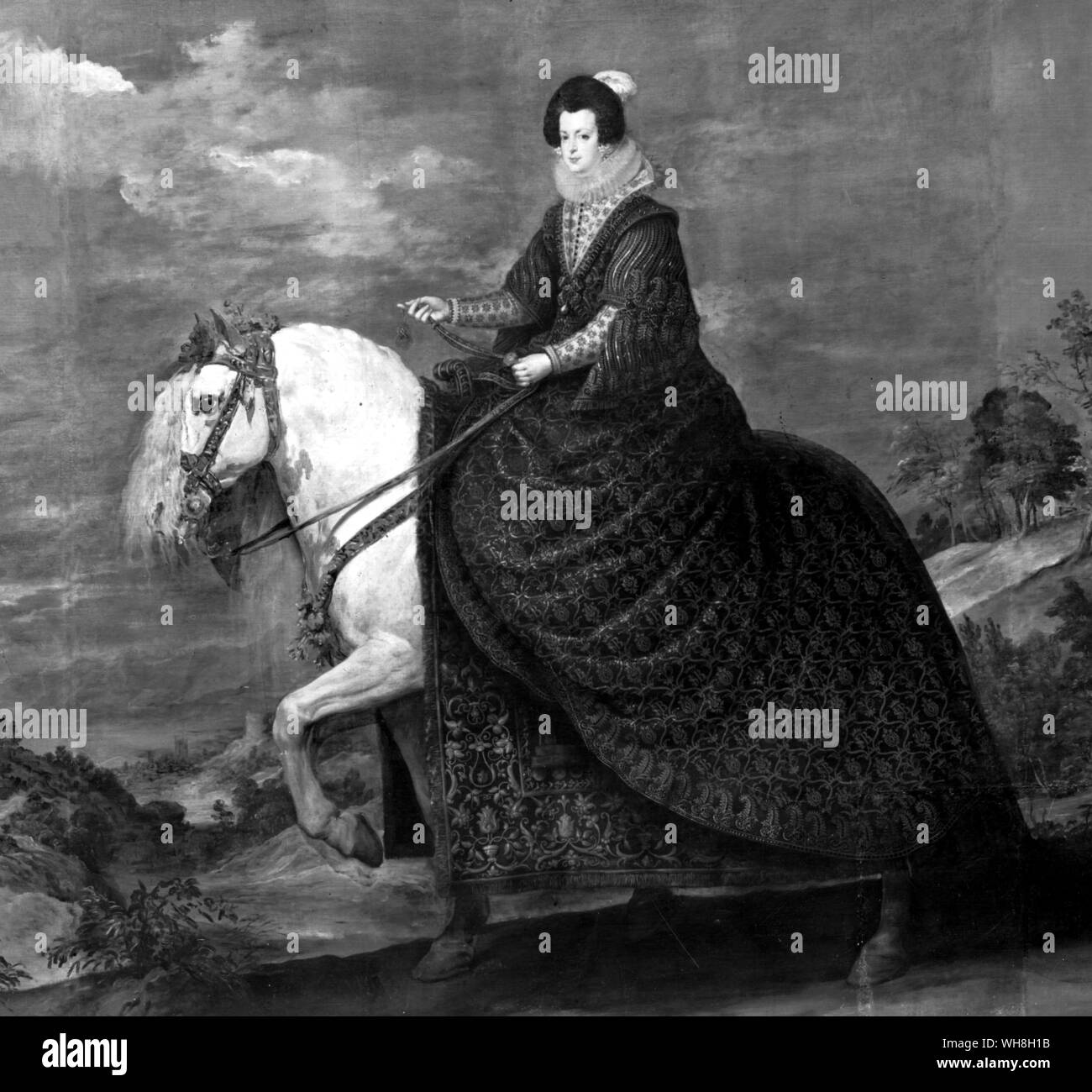 Königin Isabella von Bourbon trug ein Durchdachtesten reiten Gewohnheit für Ihr Portrait c. von Diego Rodriguez de Silva y Velázquez (1599-1660), hofmaler Philipps IV. von Spanien 1636. Enzyklopädie des Pferdes Seite 293.. . . . Stockfoto