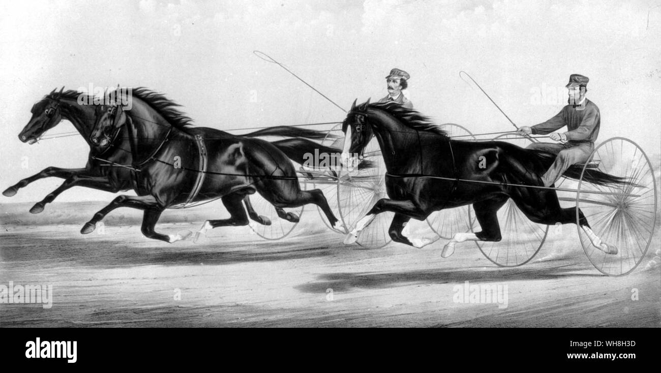 Trabrennfahren: Ethan Allen und ein running mate in Doppel-Kabelbaum und Dexter konkurrieren in einem Match über die Mode Kurs Long Island 1867 laufen. Enzyklopädie des Pferdes Seite 335.. . . Stockfoto