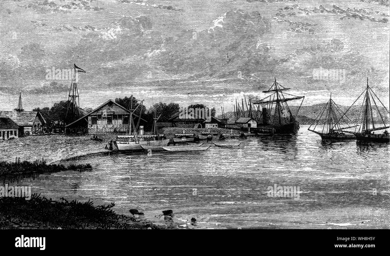 Die Flotte der internationalen Expedition am Banana Point in der Nähe der Mündung des Kongo. Die African Adventure - eine Geschichte von Afrikas Entdecker von Timothy Severin, Seite 256. Stockfoto