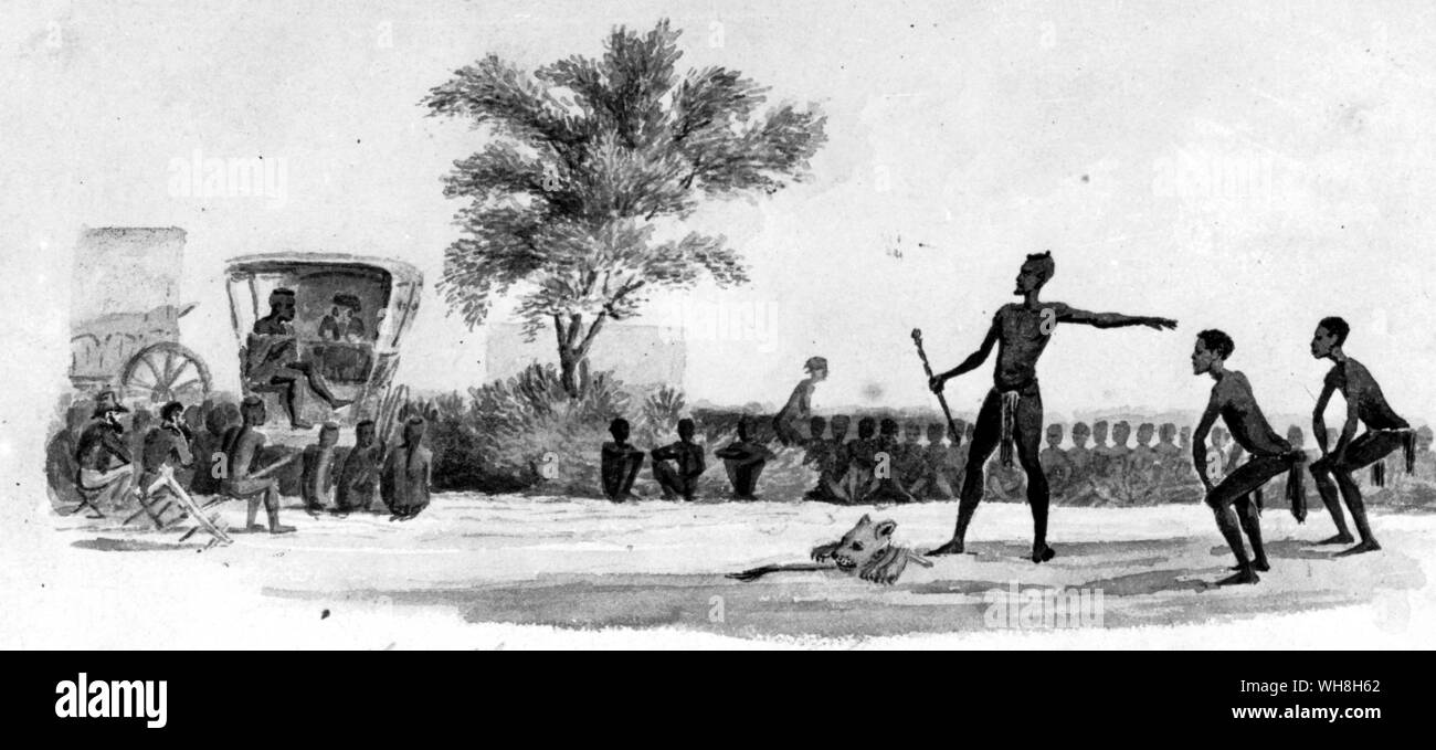 Kopf, Pfoten und Schwanz einer Löwin, und die zwei Herde Jungs angeblich ihr zur Verteidigung der Rinder getötet zu haben, zu Umzilikazi vorgestellt. Gemälde von Charles Davidson Bell (1813-1882). Stockfoto
