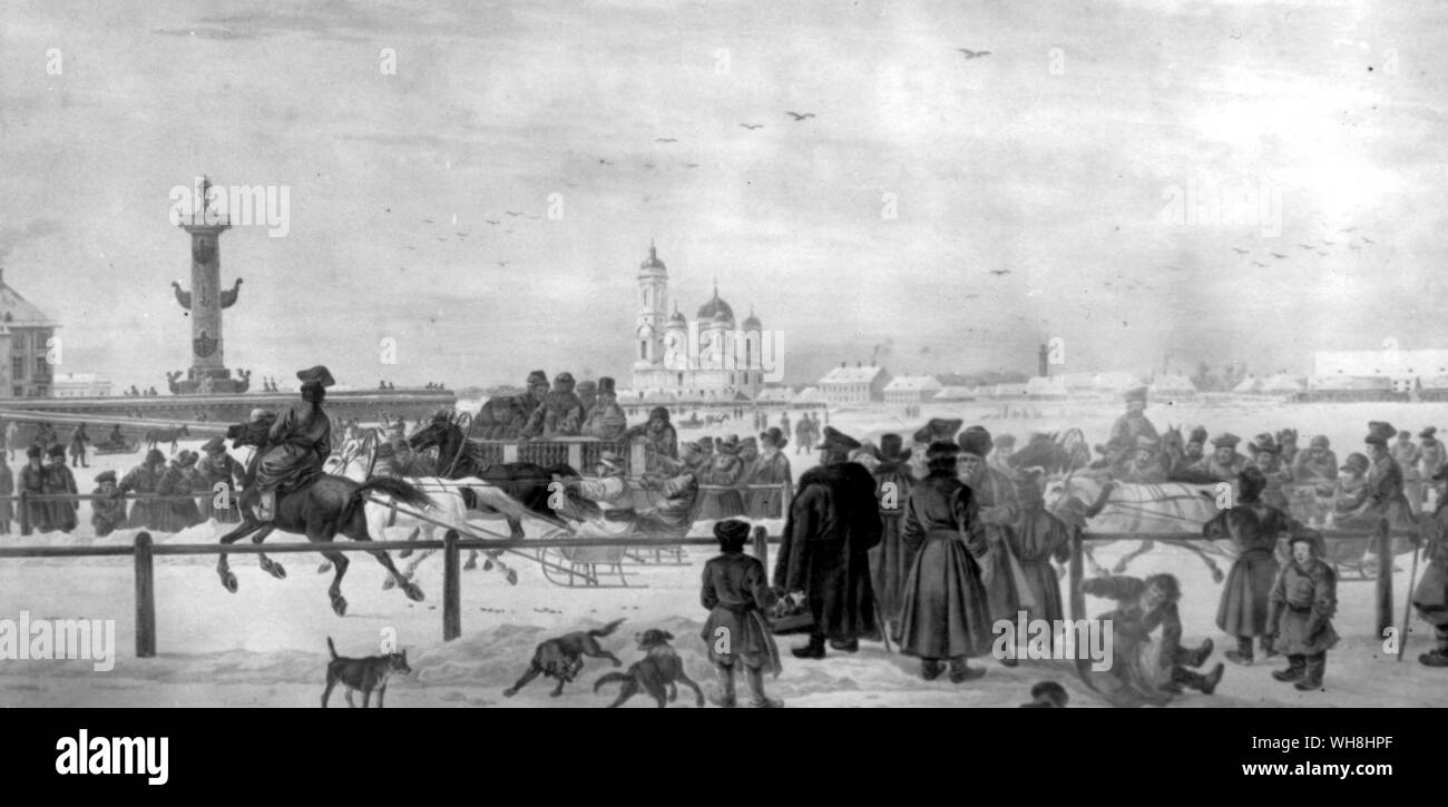 Die Semenovsky Platz Trabrennbahn wurde auf der Newa, gegenüber dem Palast und der pferderennbahn von Zarskoje Zelo. Trab war ein Winter Sport, und trottet wurden auch auf dem zugefrorenen Fluss gehalten (vergleichen Sie trotten Schlitten auf dem Chicago River 1855 zu Skelett, beschrieben, S. 241). Diese Ereignisse wurden weit mehr beliebte im zaristischen Russland als galopp Rennen. Die Geschichte der Pferderennen von Roger Longrigg, Seite 202. Stockfoto