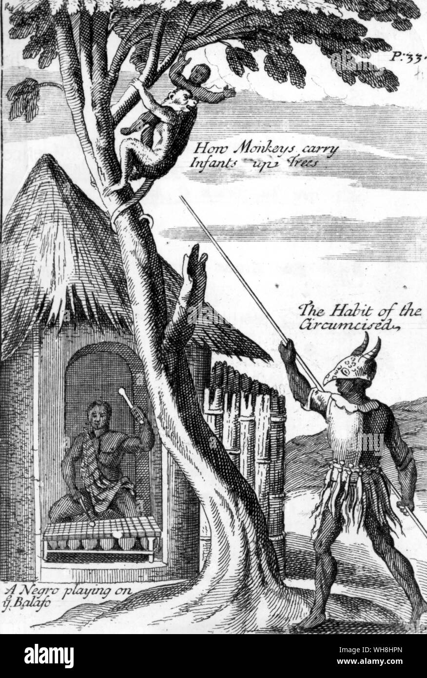 Szenen des afrikanischen Lebens durch einen späten siebzehnten Jahrhundert traveller erfasst. Einheimische Musiker und ein Baby von einem Affen entführt. Die African Adventure - eine Geschichte von Afrikas Entdecker von Timothy Severin, Seite 58. Stockfoto