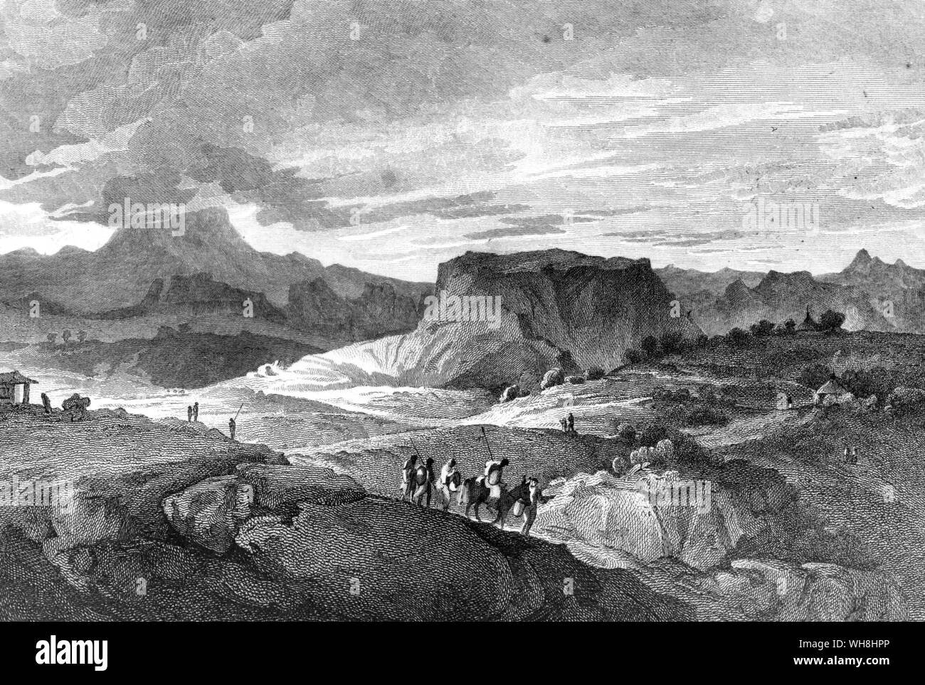 Blick auf die Berge oder Amba von Debra Damo, bei dem einer der Äthiopischen zahlreiche Festung - wie Klöster gebaut wurde. Die African Adventure - eine Geschichte von Afrikas Entdecker von Timothy Severin Seite 36. Stockfoto