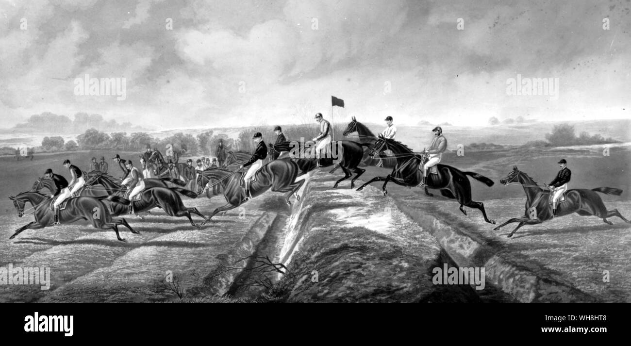Ried wurde durch die Kildare Jagd im Jahr 1850 begonnen, und in den nächsten 10 Jahren wurde der Sitz der Irischen steeplechasing. Der erste Graben oder "Grip" dieses berühmten Doppel-Bank war 6 m breit und 3 m tief. Die Top 6 m breit. Die zweite Graben 4 m breit. Die take-off wurde. Die ganze 17 ft war "geflogen", aber selten. Die Geschichte der Pferderennen von Roger Longrigg, Seite 174. Stockfoto