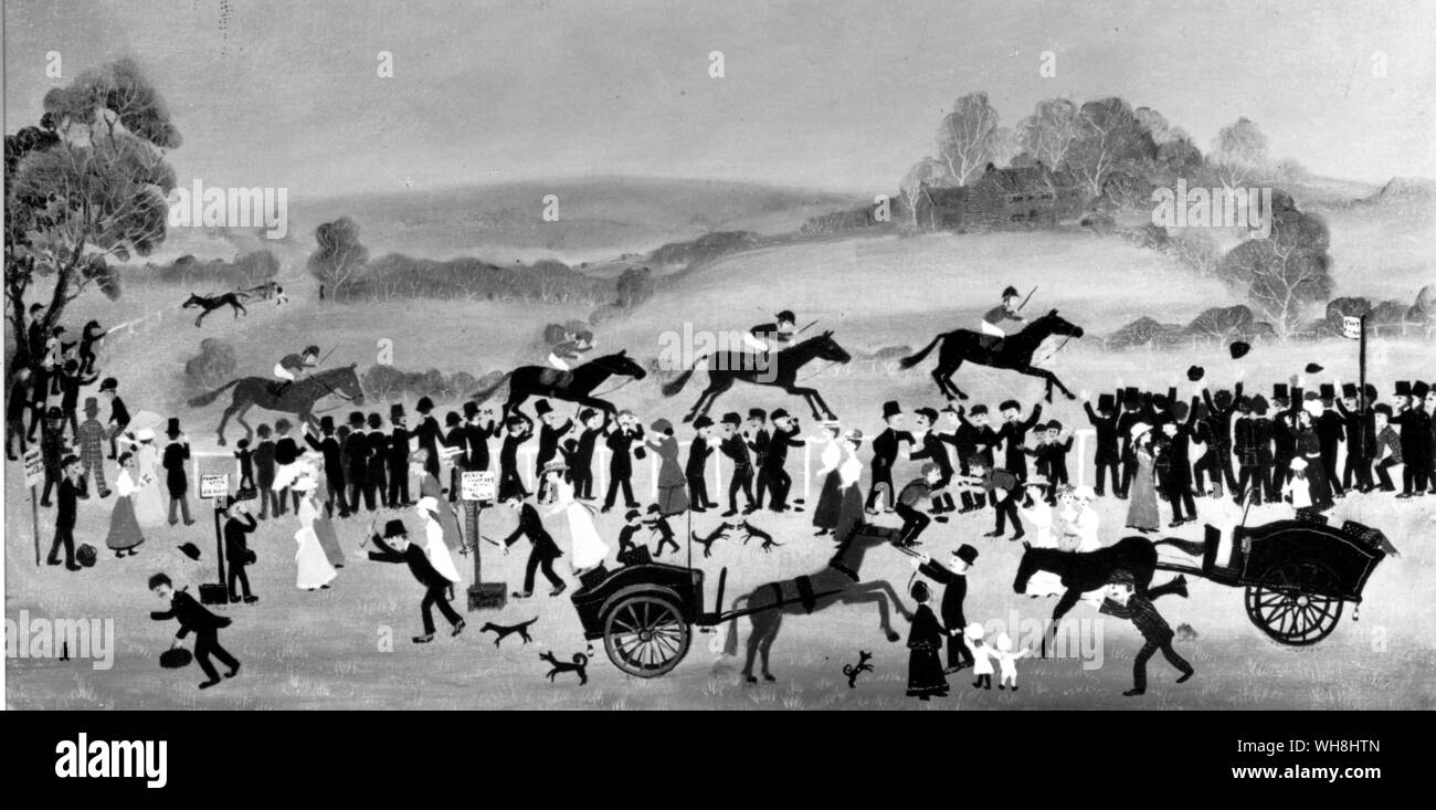 Tarporley, Cheshire, ist eine kleine Stadt in der Nähe von Chester. Es folgte seine Vorreiterrolle Nachbarn mit einem pferderennbahn in 1622. Es niemals erreicht Bedeutung und wurde ein unbekanntes 'flattern' treffen die meisten seines langen Lebens. Diese Szene, herrlich von einem edwardianischen Kindheit erinnerte, umfasst ein Mann weg mit einem Buchmacher satchel. Die Geschichte der Pferderennen von Roger Longrigg, Seite 280. Stockfoto