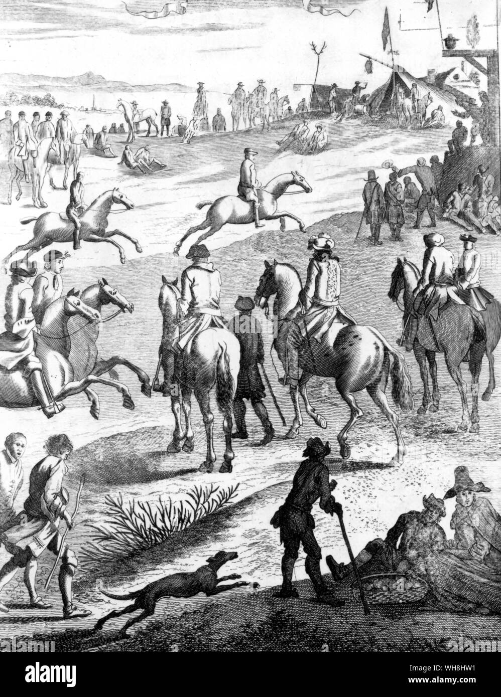 Pferderennen (sic) - Dies ist in der Regel in Newmarket behauptete ein Match zwischen Charles II. und Henry Jermyn werden im Jahr 1684, aber das ist Aufgrund der Zeitpunkt unwahrscheinlich, das Gelände und der Gypsy Encampment. Es ist sicher eine der tausenden von Unbekannt lokale Veranstaltungen - regelmäßige Treffen oder improvisierte übereinstimmt, die zwischen 1660 und 1740 enorm gewachsen. Die Pferde waren Jäger oder Galloways, die Reiter ihre Eigentümer oder pflegt, der raceground beliebige Stück des Gemeinsamen und den Preis ein Maß von Hafer oder Gerste. Die Geschichte der Pferderennen von Roger Longrigg, Seite 50. Stockfoto