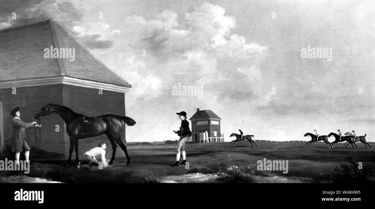 Gimcrack (1760) war ein Enkel von Krüppel der Godolphin Arabian. In dieser aktiven Zeit seiner Karriere war er ein sehr dunkles Grau, aber er später verblasst zu einer fast mehlig Weiß. Er war ein außerordentlich ehrlich und konsequent kleine Pferd. Seine stud Karriere ist oft als unwichtig abgetan, aber falsch: sein Sohn Medley war immens wichtig, die Amerikanische Vollblut. Die Geschichte der Pferderennen von Roger Longrigg, Seite 102. Stockfoto