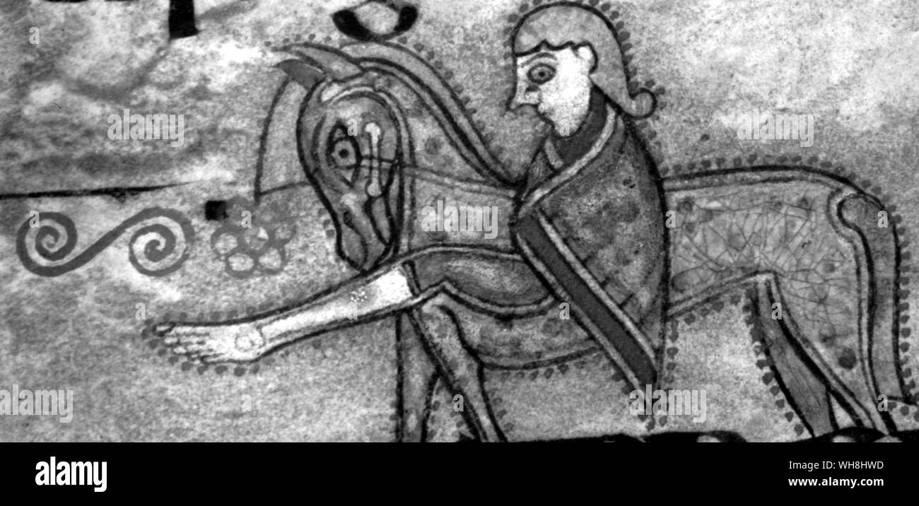 Dies ist eine der vielen Dekorationen im Buch von Kells (C. AD700), Reiter, eindeutig nicht Krieger, Reiten ohne Sattel aber mit Bits und Zaumzeug. Dies setzte die irische Methode für Jahrhunderte. Nach der anglo-normannischen Invasion der englischen gesetzlich verboten wurden in die falsche irische Weise zu fahren. Die Irische montiert auch auf der falschen Seite des Pferdes. Gerittene Pferde wurden in diesem Zeitraum auf dem Curragh lief, aber es ist klar aus dem Brehon Gesetze, die es noch Wagen-Rennen in anderen Teilen von Irland. Die Geschichte der Pferderennen von Roger Longrigg, Seite 21. Stockfoto