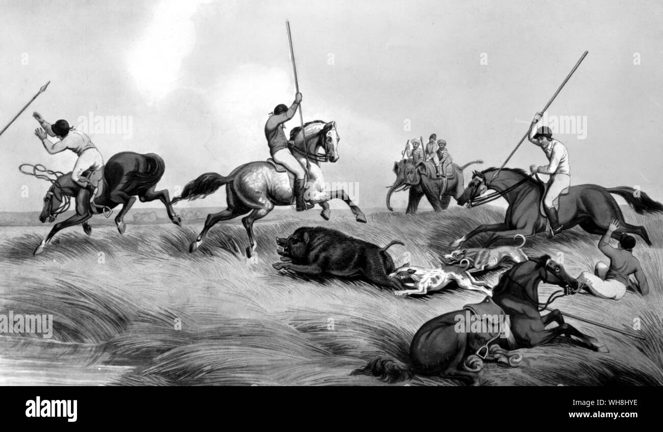 Dieser Sport, zu "Nimrod"-Generation als hog-Jagd bekannt, war Gefährlich jedoch verpflichtet, durch die Kraft und den Mut des Steinbruchs. es war mehr so durch intensiven Wettbewerb unter den Reiter erste Blut zu erhalten. Dies bedeutete Kreuzung rauhes Land im Galopp. Die Aufregung der Jagd - Spiele -' steeplechases unnötige bis 1860. Die Geschichte der Pferderennen von Roger Longrigg, Seite 264. Stockfoto