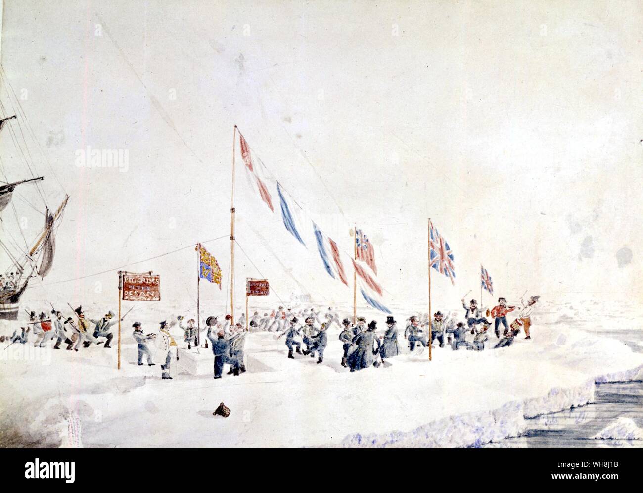 Die feiern das neue Jahr Tag 1842, auf den Eisschollen in der Breite 66 Grad 32 min S, Longitude 156° 28 Min. W, von John Edward Davis (1815-77). Aus der Antarktis: Der letzte Kontinent, der von Ian Cameron, Seite 100. Stockfoto