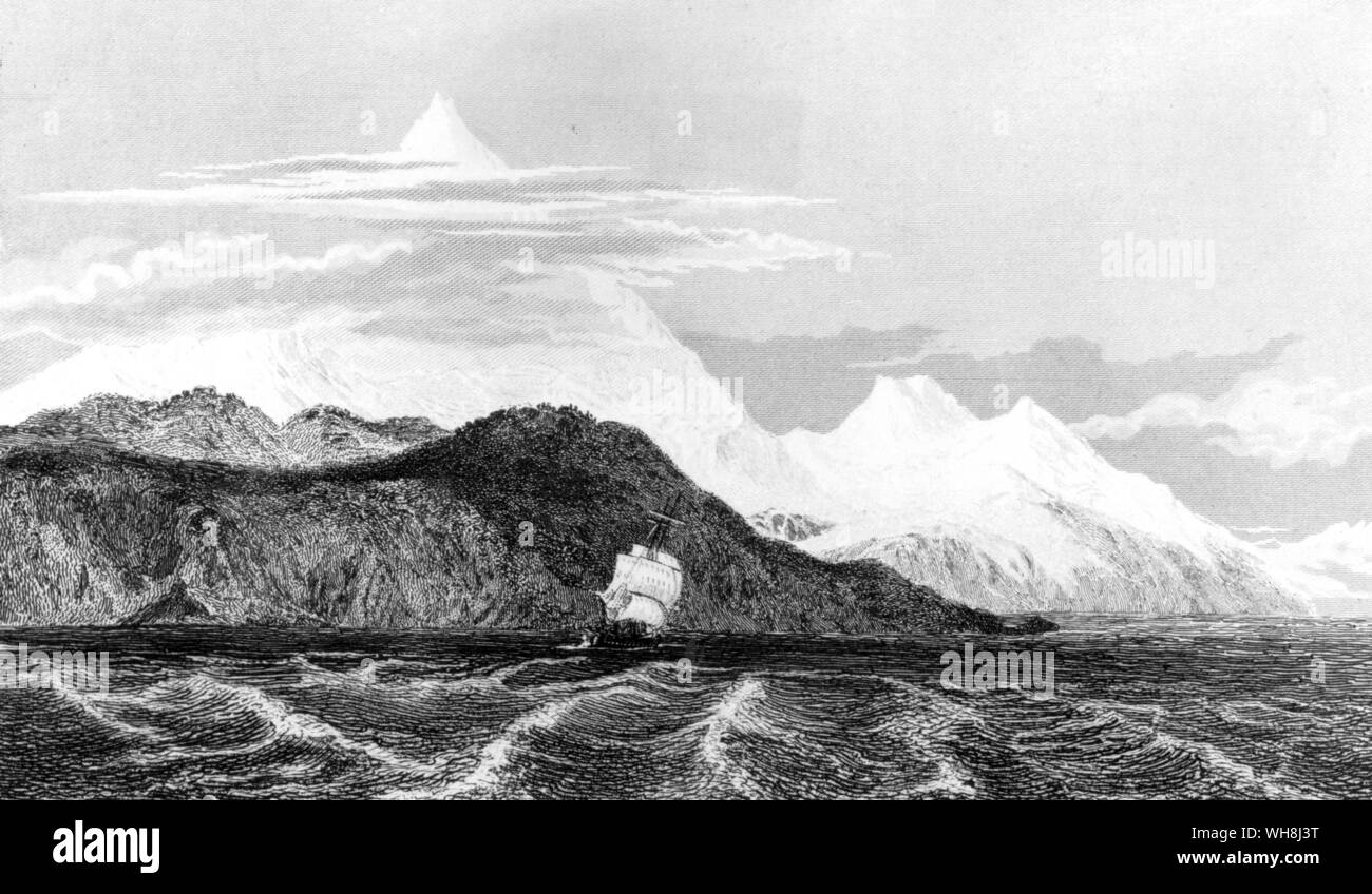 Die Beagle am Fuße des Monte Sarmiento in Tierra del Fuego (Südamerika). Während seiner bedeutsamen Reise, Darwin eine Reihe von Beobachtungen, die ihn ernst führte zu einer Frage, die zum ersten Mal die wörtliche Wahrheit der Bibel. Darwin und der Beagle von Alan Moorhead, Seite 97. Stockfoto