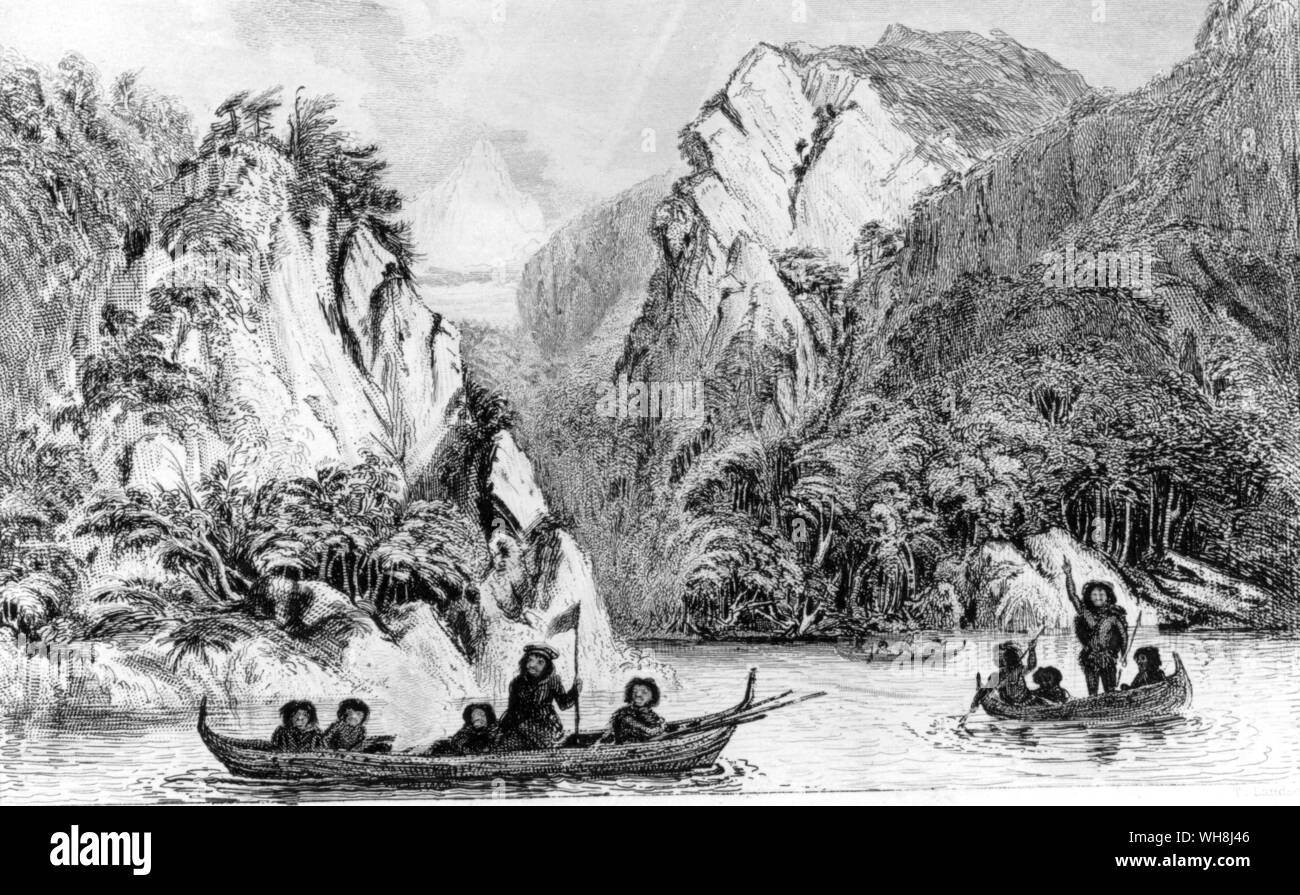 Die Crew der Beagle von Fuegians des Stammes Jimmy's" gefeiert. Orundellico, als Jimmy Button bekannt, (1815-1864) war ein eingeborener Fuegian Der Yaghan (oder Yamana) Stamm von Inseln rund um Tierra del Fuego, in Chile und Argentinien. Er wurde in England von Kapitän FitzRoy auf der HMS Beagle gebracht und wurde zu einer Berühmtheit für einen Zeitraum. Darwin und der Beagle von Alan Moorhead, Seite 95. . . Stockfoto