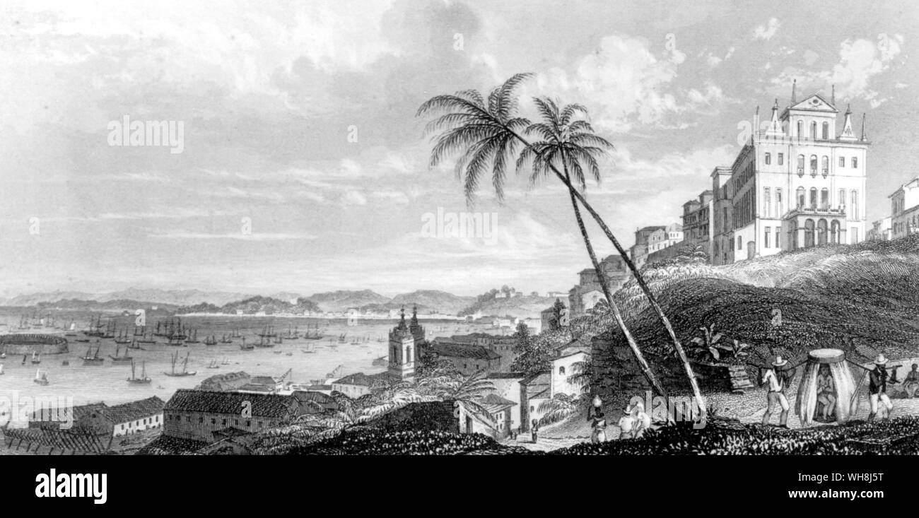 San Salvador, Bahia, mit Blick auf die Bucht aller Heiligen. Zeichnung von Augustus Earle (1793-1838), Reisenden und das original Artist auf der Fahrt von HMS Beagle. Darwin und der Beagle von Alan Moorhead, Seite 50. Stockfoto