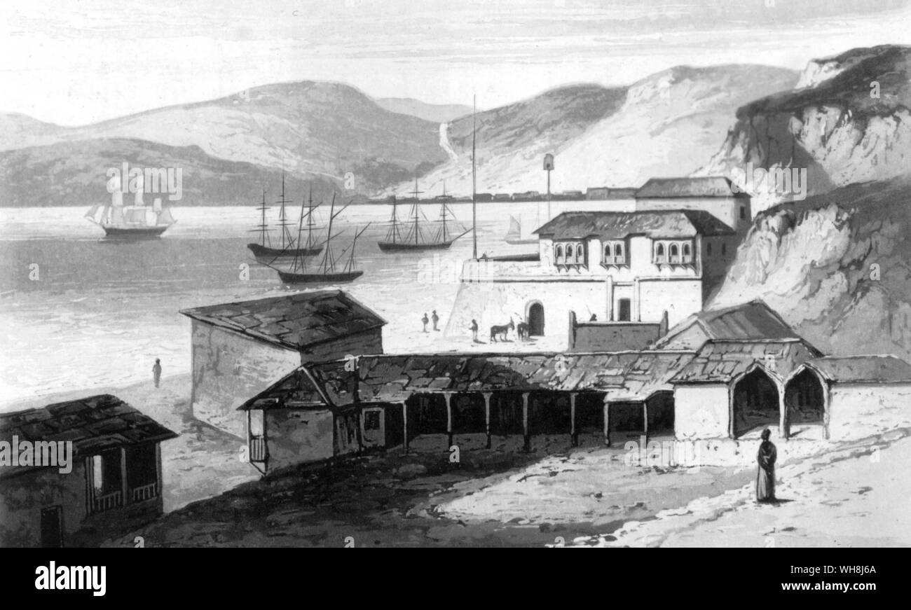 Der Hafen von Valparaiso, Chile, Südamerika. Nach umfangreichen Erhebungen in Südamerika, HMS Beagle über Neuseeland nach Falmouth, Cornwall, England am 2. Oktober 1836. Darwin und der Beagle von Alan Moorhead, Seite 152. Stockfoto
