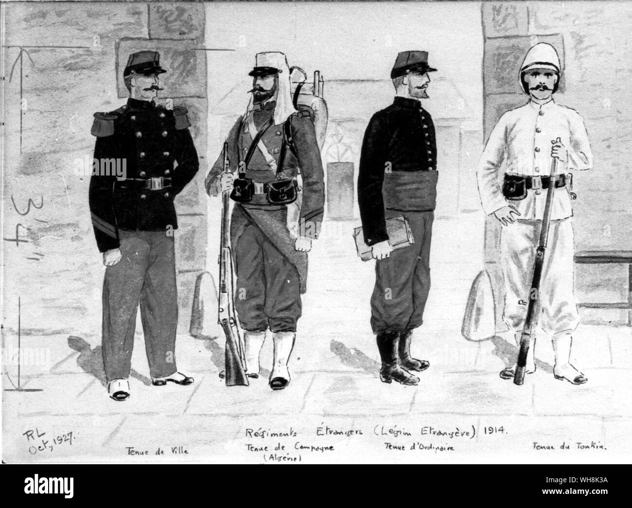 Legion Uniform des frühen zwanzigsten Jahrhunderts (von links nach rechts) Dress Uniform Kampfanzug (Algerien). service Uniform (1914), Einheitliche (Tonkin). Stockfoto
