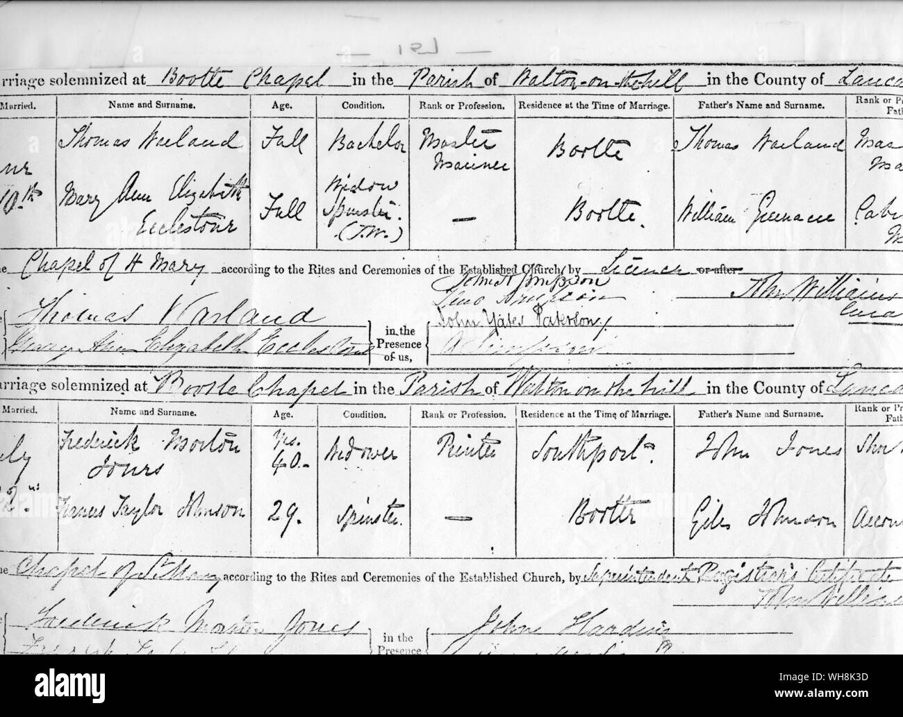 Der Eintrag im Bootle Pfarrei Registrieren Aufzeichnung der Ehe von Frederick Jones und Frances Johnson Stockfoto