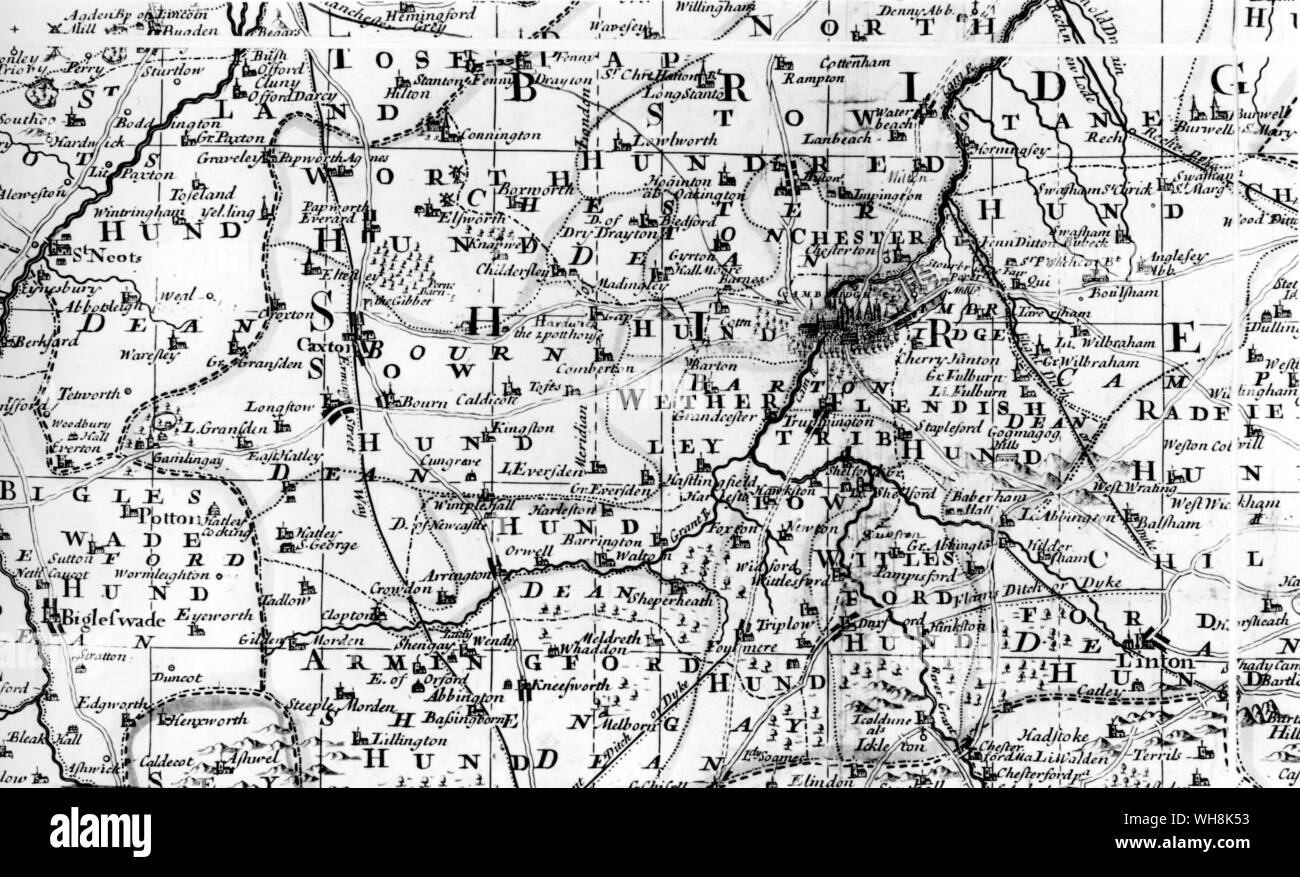 Karte von Cambridgeshire 1710 gezeichnet Stockfoto