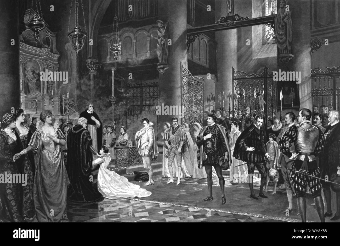 Schabkunst der Szene im Dom mit Terry und Irving viel Lärm Akt IV Lyceum 1882 Stockfoto