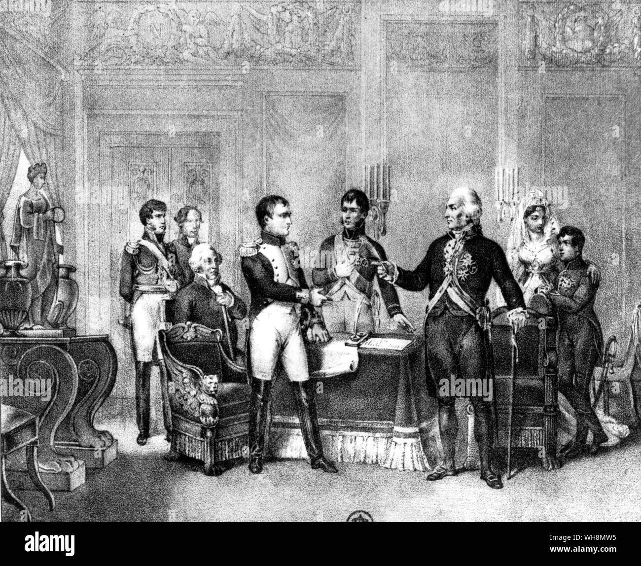 Die Unterzeichnung des Vertrags von Bayonne, April 1808. Bonaparte selbst sagte später, dass "die Unsterblichkeit zu Patent war, die Ungerechtigkeit zu zynisch." Bibliotheque Nationale, Paris. Foto: Sammlung Viollet Stockfoto