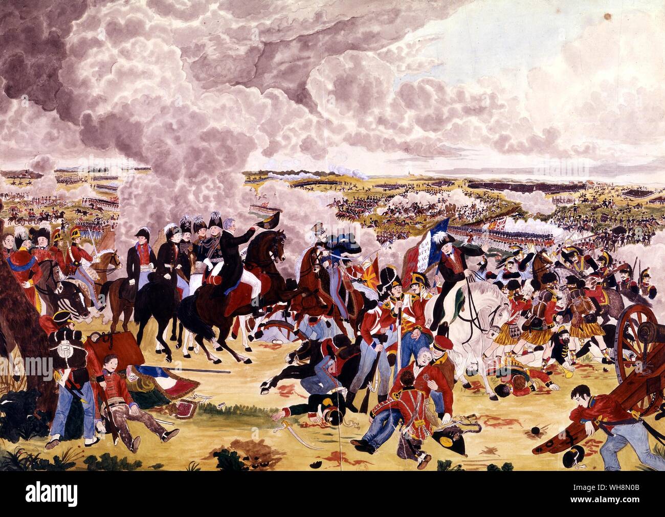 Der Höhepunkt der Schlacht von Waterloo, 18. Juni 1815 - Wellington Bestellungen der Alliierten Armee nach der Repulse der Leibwache, von den englischen Fußschutz vorzurücken. Gemälde von John Augustus Atkinson, der Augenzeuge war. Bibliotheque Nationale, Paris Stockfoto