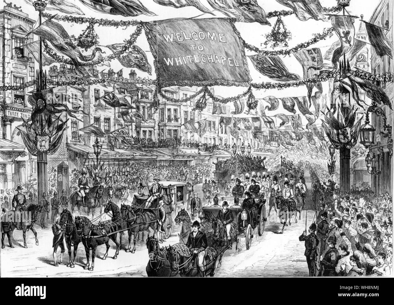 1887, das Jahr ihrer Goldenen Jubiläum der Queen Victoria East End von London die königliche Prozession in High Street, Aldgate, der Grenze Stockfoto