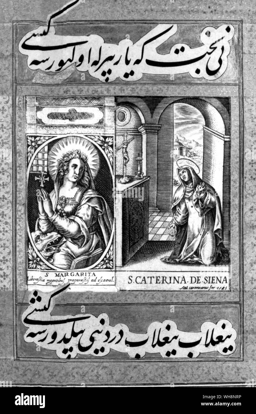 Christian Radierungen, die durch die Jesuiten und später in eine Moghul Album eingefügt Stockfoto