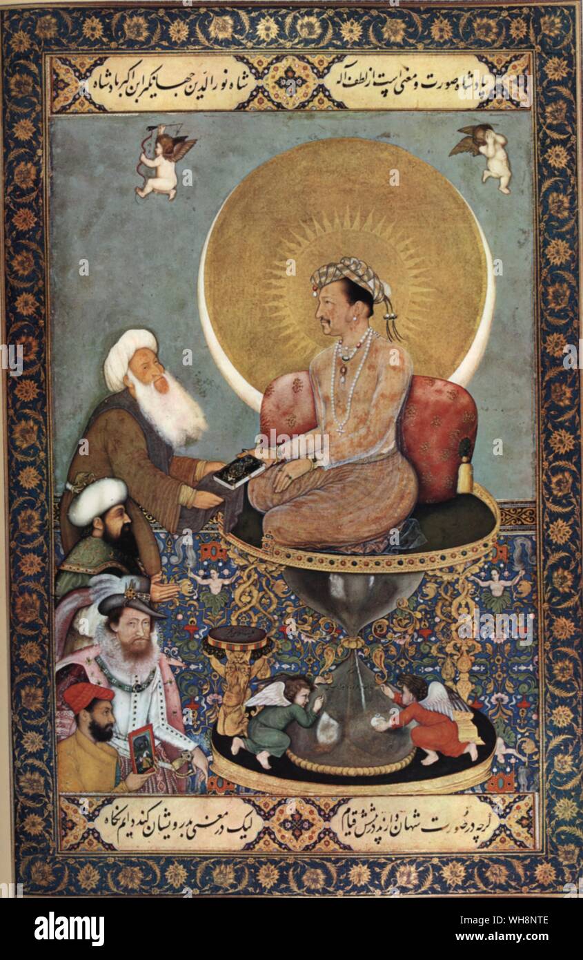 Jahangir thront - und lieber die Gesellschaft von einem Mullah zu, dass der Sultan der Türkei oder James I von England: durch Bichitr, c 1620 Stockfoto