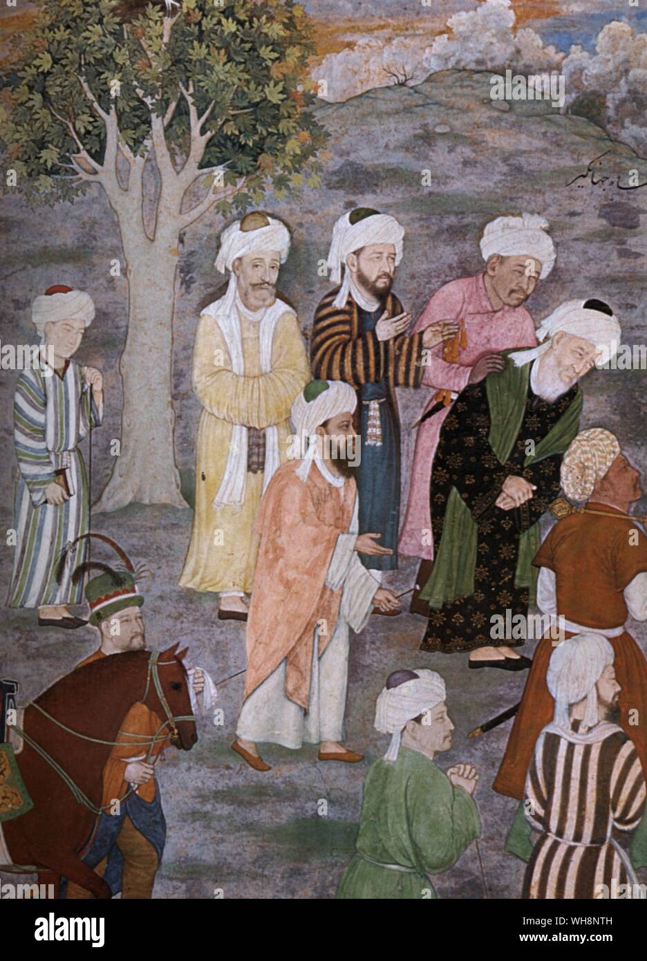 Shaikhs warten Jahangir in Ajmer, die ein wichtiger Ort der Moghul Pilgerreise blieb zu grüßen: Manohar, c 1615 Stockfoto