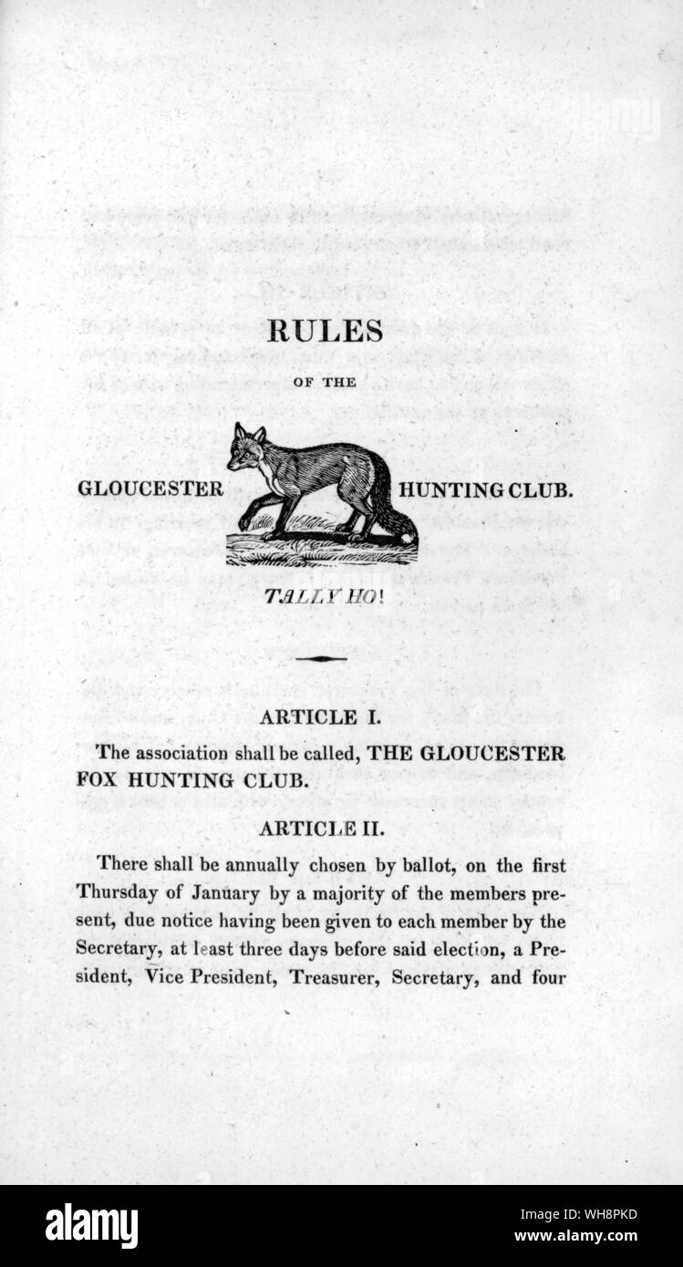 Regeln der Gloucester Foxhunting Club. Es wurde offiziell im Jahr 1766 organisiert und Amerikas wurden erste Hunt Club. Stockfoto