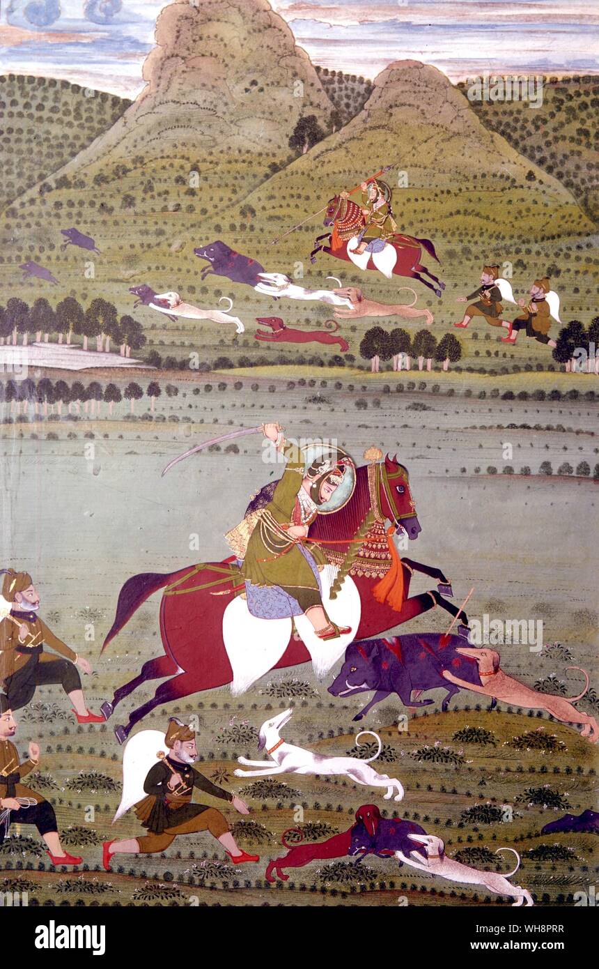 Wildschwein Jagd in Mewar, ca. 1835. Dies ist Maharana Jawan Singh, Leiter der Sisodhyia Clan der Rajputen und behauptete Abstammung von Rama, dem mythischen König von Ajodhya. Stockfoto