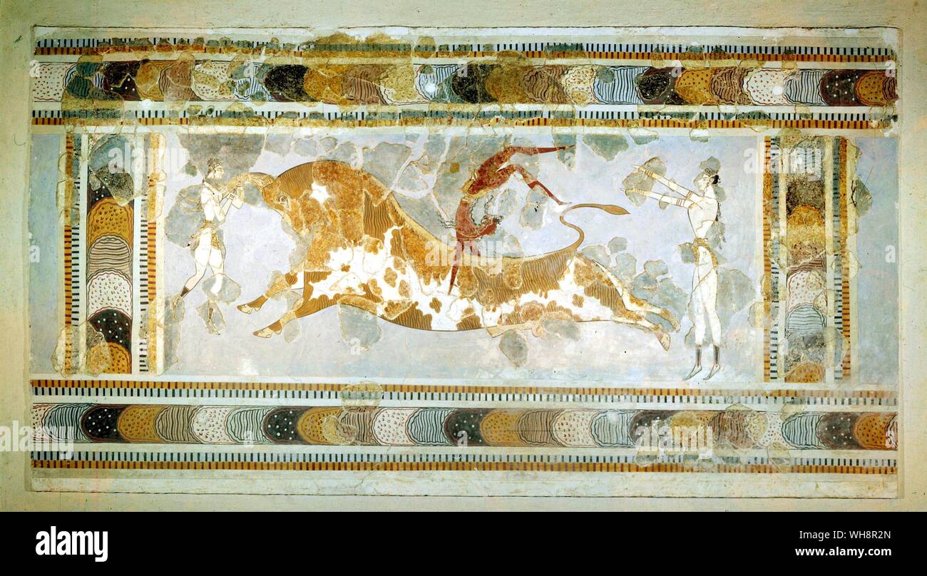 Jugendliche Mädchen und Stier - springen. Fresko in Knossos, nach 1600 v. Chr. Stockfoto